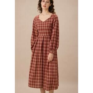Rihoas Womens M Red/Cream Plaid Long Sleeve Midi Dress 100% Cotton Cottage Core